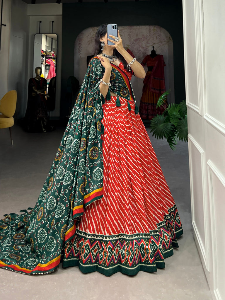 Red Tussar Silk Lehenga Choli with Leheriya Print, Patola Border & Bandhani Dupatta ClothsVilla