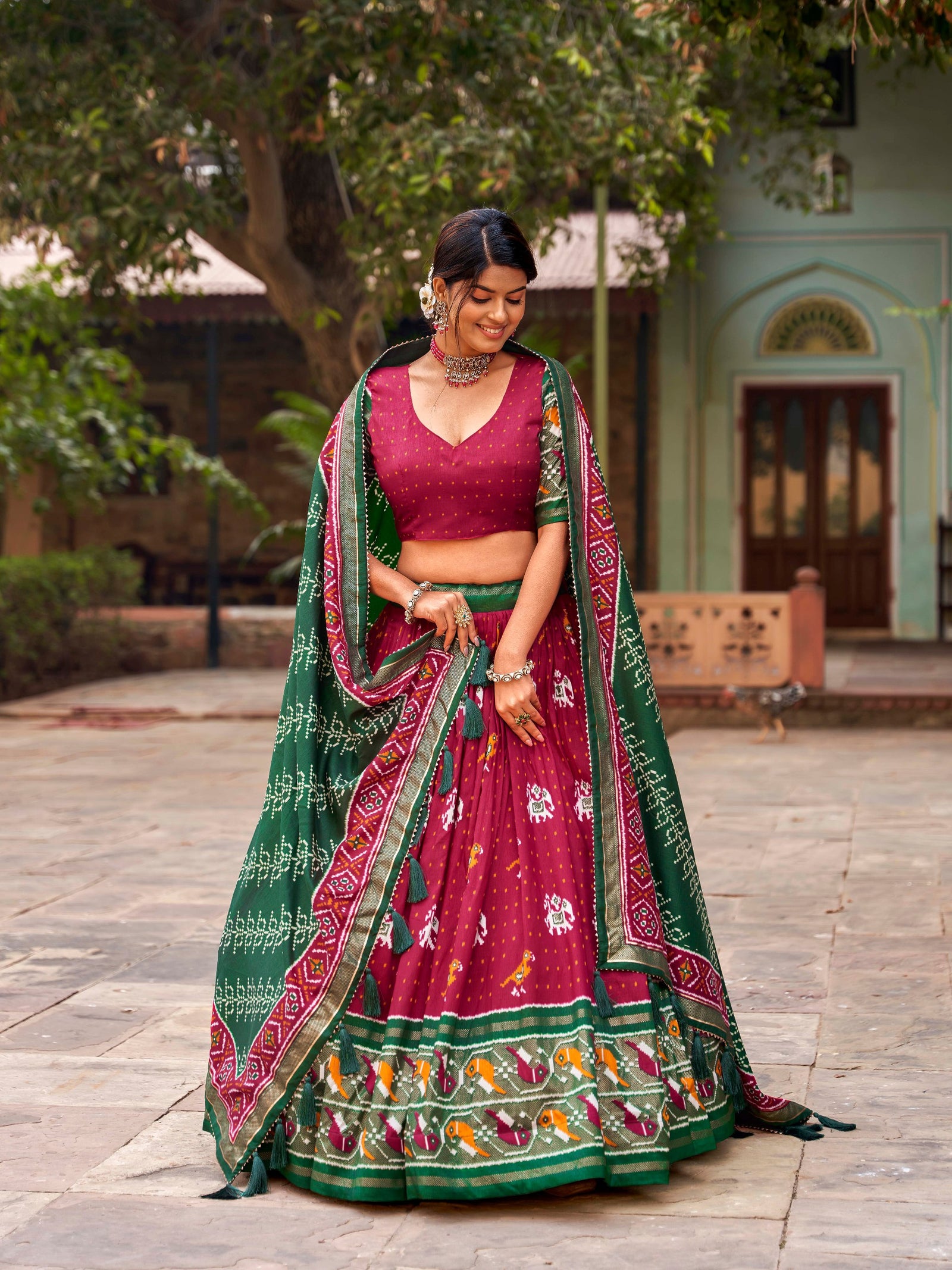 Red Tussar Silk Lehenga Choli with Enchanting Ikat Patola Print and Foil Work ClothsVilla