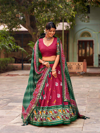 Red Tussar Silk Lehenga Choli with Enchanting Ikat Patola Print and Foil Work ClothsVilla