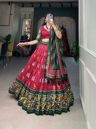 Red Tussar Silk Lehenga Choli with Enchanting Ikat Patola Print and Foil Work ClothsVilla