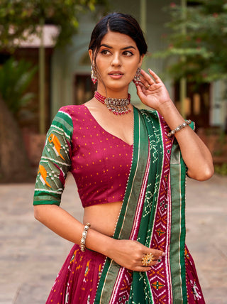 Red Tussar Silk Lehenga Choli with Enchanting Ikat Patola Print and Foil Work ClothsVilla