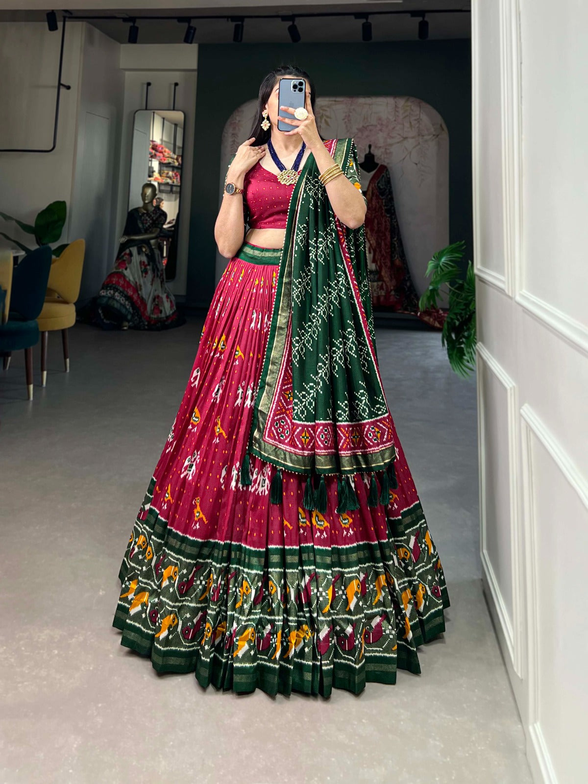 Red Tussar Silk Lehenga Choli with Enchanting Ikat Patola Print and Foil Work ClothsVilla
