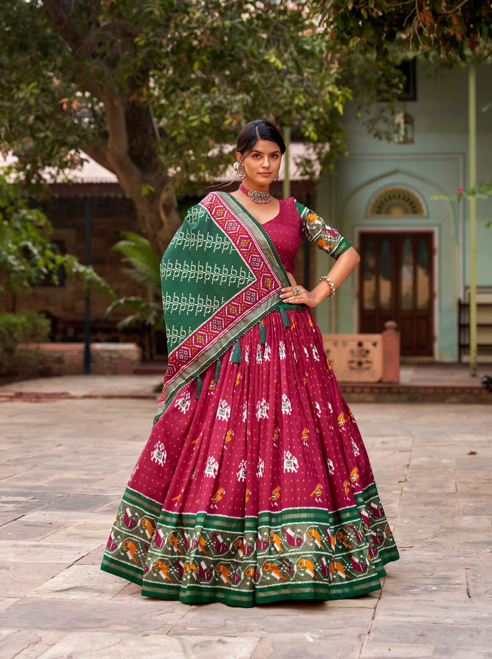Red Tussar Silk Lehenga Choli with Enchanting Ikat Patola Print and Foil Work ClothsVilla