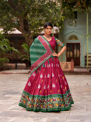 Red Tussar Silk Lehenga Choli with Enchanting Ikat Patola Print and Foil Work ClothsVilla