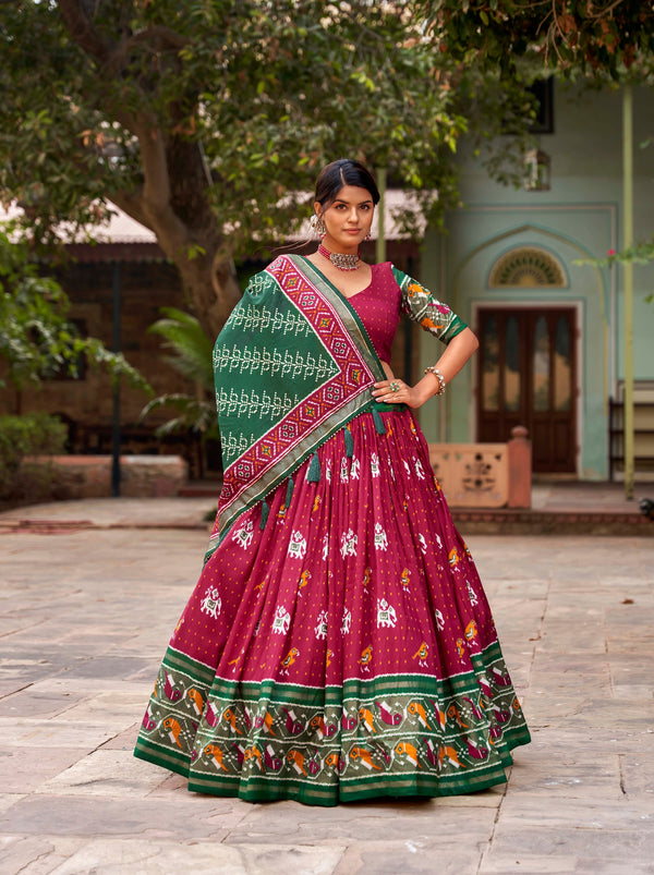 Red Tussar Silk Lehenga Choli with Enchanting Ikat Patola Print and Foil Work ClothsVilla