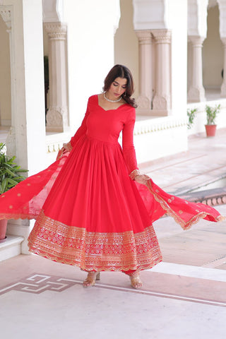 Red Vichitra Silk Embroidered Gown Set with Sequins Work, Dupatta & Bottom – Full Sleeves, Fancy V-Neck, 3-Meter Flair ClothsVilla