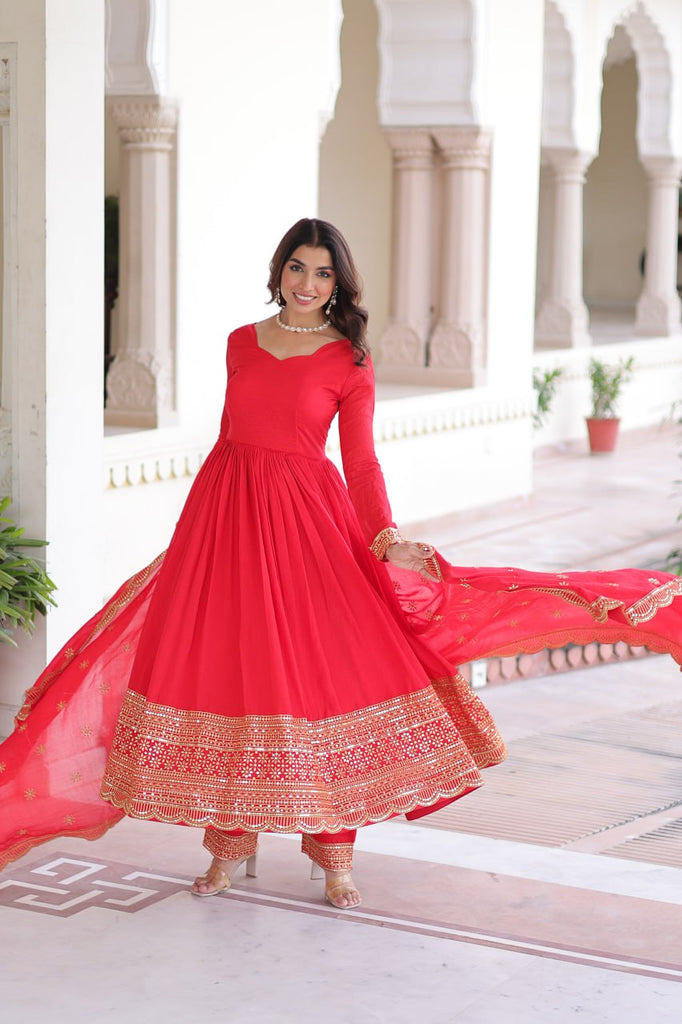 Red Vichitra Silk Embroidered Gown Set with Sequins Work, Dupatta & Bottom – Full Sleeves, Fancy V-Neck, 3-Meter Flair ClothsVilla