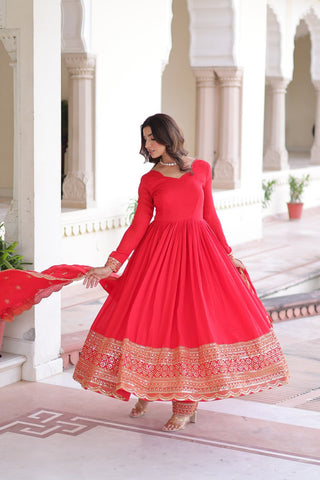 Red Vichitra Silk Embroidered Gown Set with Sequins Work, Dupatta & Bottom – Full Sleeves, Fancy V-Neck, 3-Meter Flair ClothsVilla