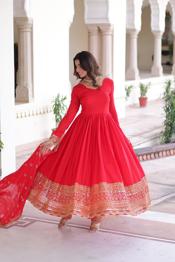 Red Vichitra Silk Embroidered Gown Set with Sequins Work, Dupatta & Bottom – Full Sleeves, Fancy V-Neck, 3-Meter Flair ClothsVilla