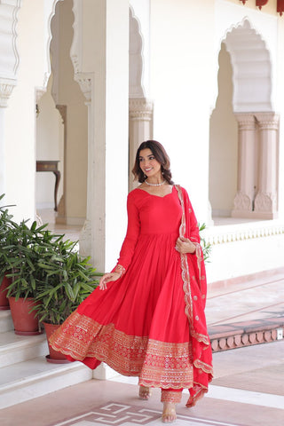 Red Vichitra Silk Embroidered Gown Set with Sequins Work, Dupatta & Bottom – Full Sleeves, Fancy V-Neck, 3-Meter Flair ClothsVilla