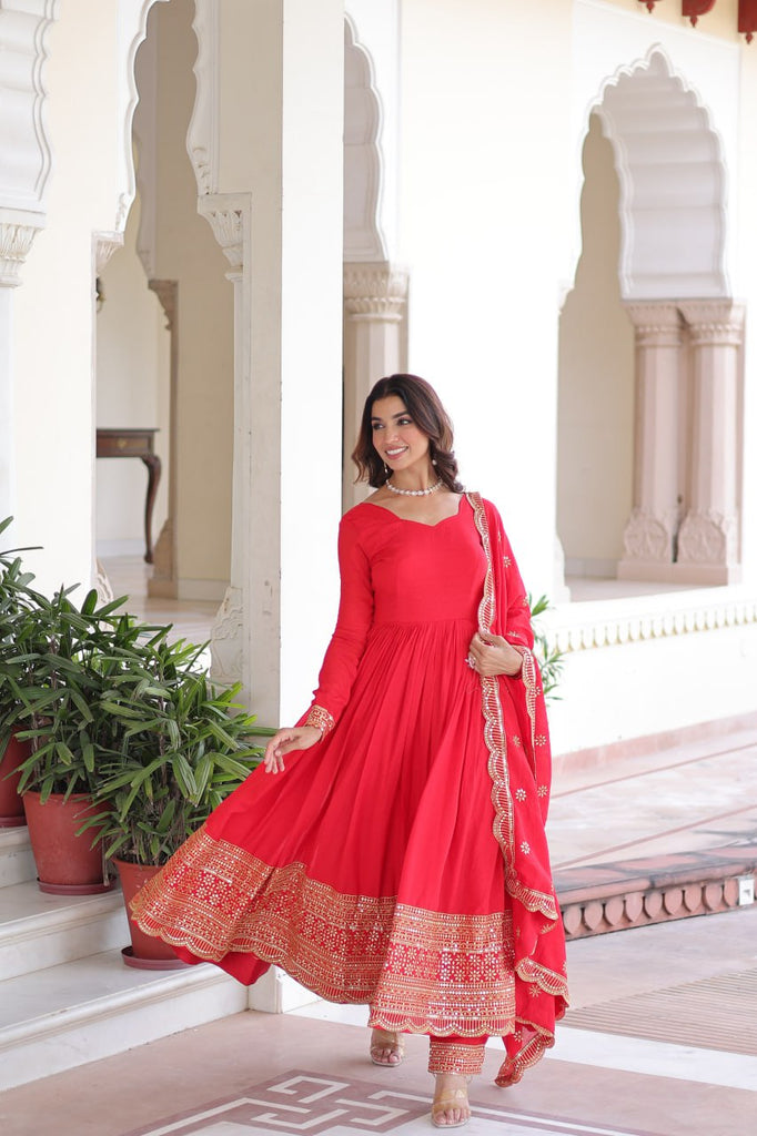 Red Vichitra Silk Embroidered Gown Set with Sequins Work, Du Red Vichitra Silk Embroidered Gown Set with Sequins Work, Du