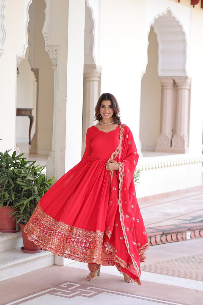 Red Vichitra Silk Embroidered Gown Set with Sequins Work, Dupatta & Bottom – Full Sleeves, Fancy V-Neck, 3-Meter Flair ClothsVilla