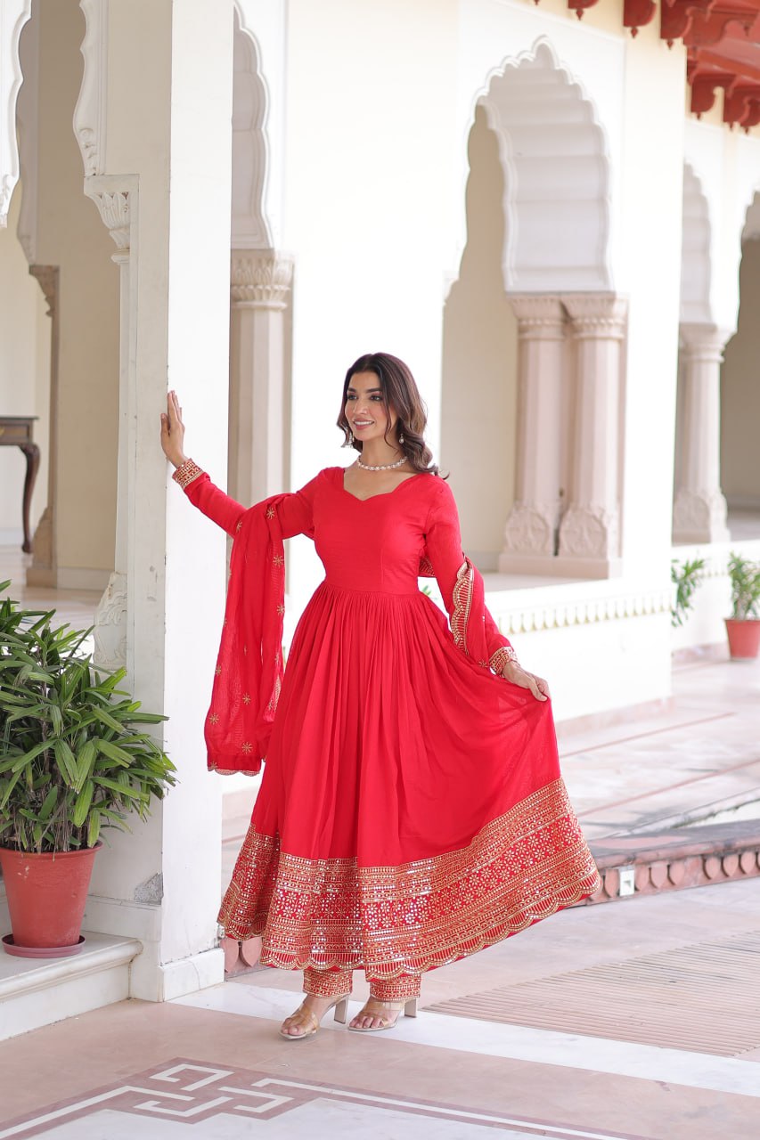 Red Vichitra Silk Embroidered Gown Set with Sequins Work, Dupatta & Bottom – Full Sleeves, Fancy V-Neck, 3-Meter Flair ClothsVilla