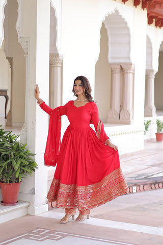 Red Vichitra Silk Embroidered Gown Set with Sequins Work, Dupatta & Bottom – Full Sleeves, Fancy V-Neck, 3-Meter Flair ClothsVilla