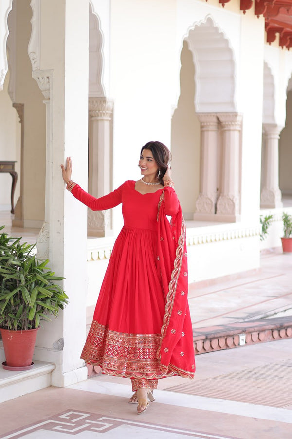 Red Vichitra Silk Embroidered Gown Set with Sequins Work, Dupatta & Bottom – Full Sleeves, Fancy V-Neck, 3-Meter Flair ClothsVilla