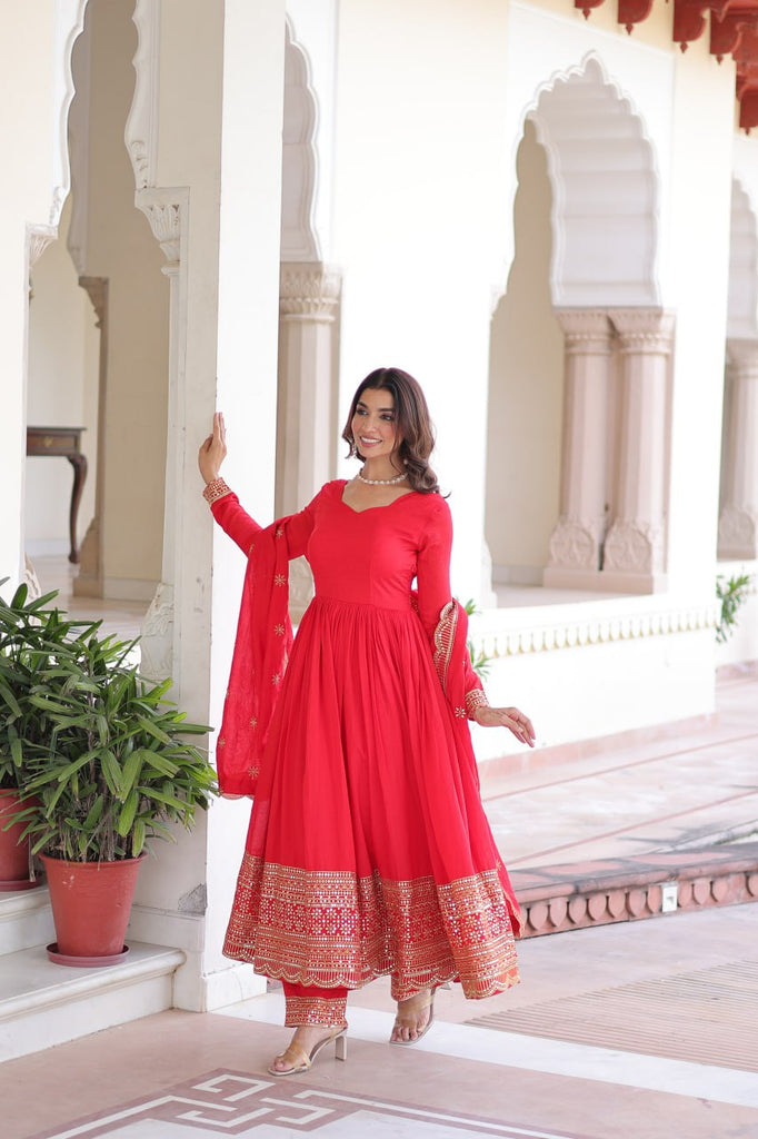 Red Vichitra Silk Embroidered Gown Set with Sequins Work, Dupatta & Bottom – Full Sleeves, Fancy V-Neck, 3-Meter Flair ClothsVilla