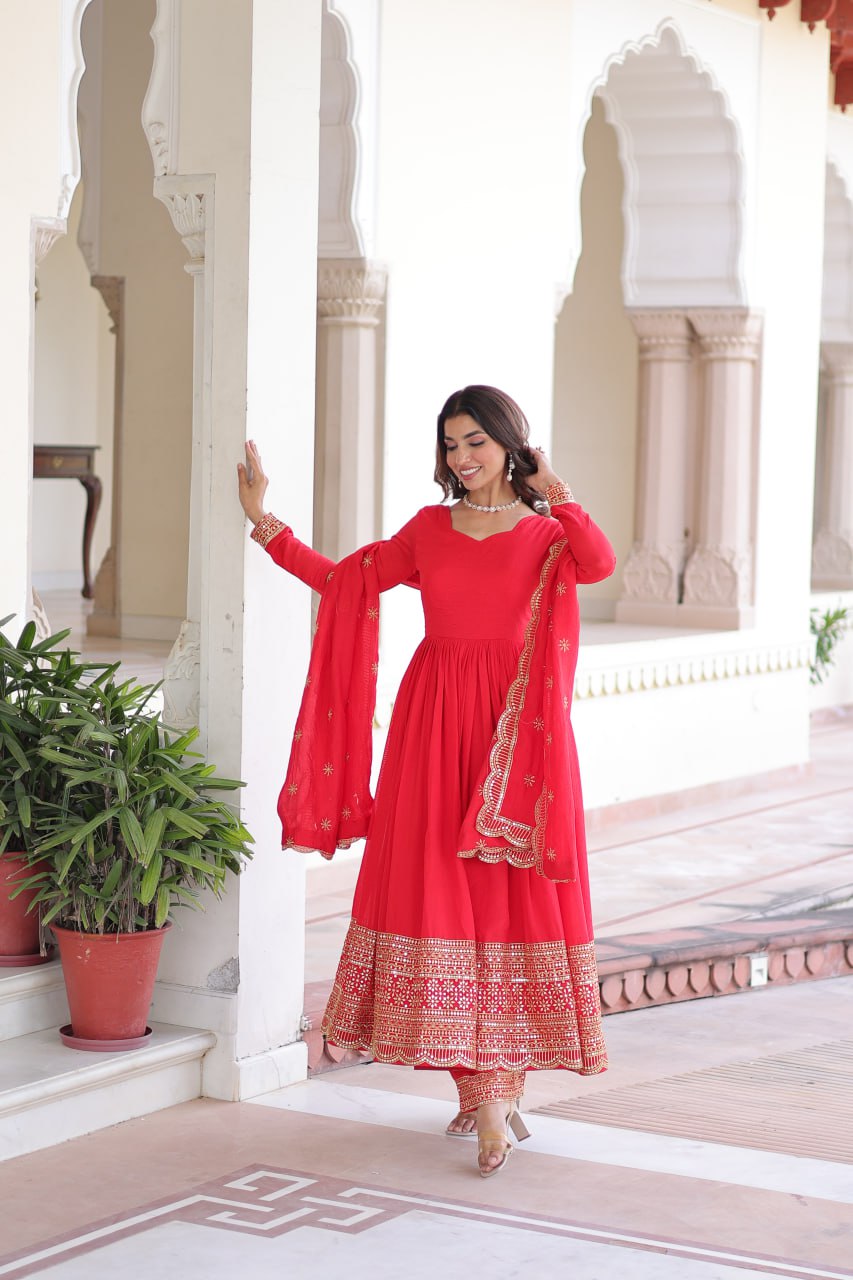 Red Vichitra Silk Embroidered Gown Set with Sequins Work, Dupatta & Bottom – Full Sleeves, Fancy V-Neck, 3-Meter Flair ClothsVilla