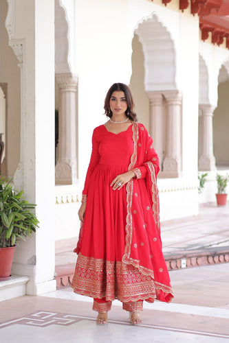 Red Vichitra Silk Embroidered Gown Set with Sequins Work, Dupatta & Bottom – Full Sleeves, Fancy V-Neck, 3-Meter Flair ClothsVilla