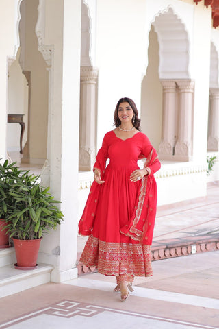 Red Vichitra Silk Embroidered Gown Set with Sequins Work, Dupatta & Bottom – Full Sleeves, Fancy V-Neck, 3-Meter Flair ClothsVilla