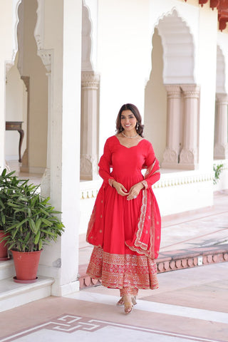 Red Vichitra Silk Embroidered Gown Set with Sequins Work, Dupatta & Bottom – Full Sleeves, Fancy V-Neck, 3-Meter Flair ClothsVilla