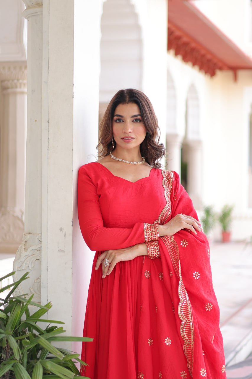 Red Vichitra Silk Embroidered Gown Set with Sequins Work, Dupatta & Bottom – Full Sleeves, Fancy V-Neck, 3-Meter Flair ClothsVilla