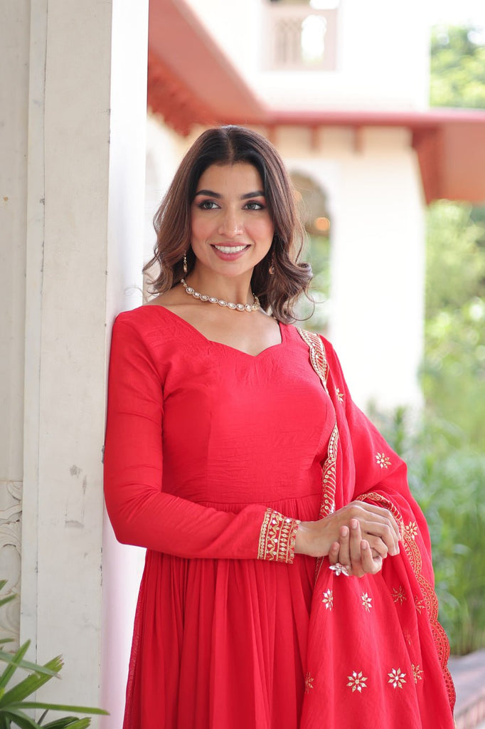 Red Vichitra Silk Embroidered Gown Set with Sequins Work, Dupatta & Bottom – Full Sleeves, Fancy V-Neck, 3-Meter Flair ClothsVilla