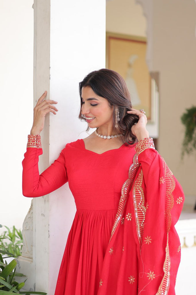 Red Vichitra Silk Embroidered Gown Set with Sequins Work, Dupatta & Bottom – Full Sleeves, Fancy V-Neck, 3-Meter Flair ClothsVilla