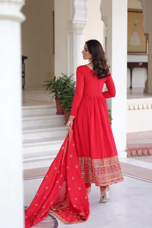 Red Vichitra Silk Embroidered Gown Set with Sequins Work, Dupatta & Bottom – Full Sleeves, Fancy V-Neck, 3-Meter Flair ClothsVilla