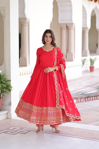 Red Vichitra Silk Embroidered Gown Set with Sequins Work, Dupatta & Bottom – Full Sleeves, Fancy V-Neck, 3-Meter Flair ClothsVilla