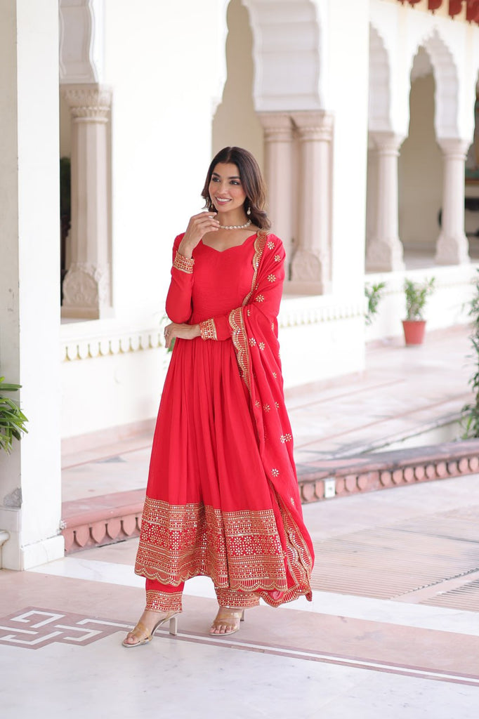 Red Vichitra Silk Embroidered Gown Set with Sequins Work, Dupatta & Bottom – Full Sleeves, Fancy V-Neck, 3-Meter Flair ClothsVilla