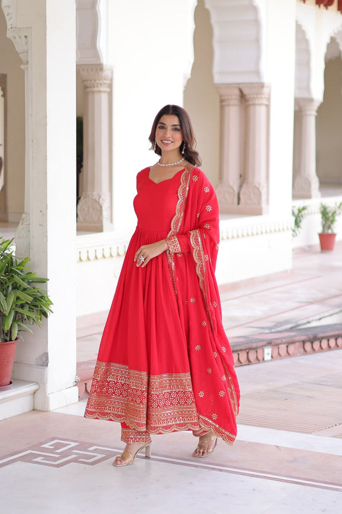 Red Vichitra Silk Embroidered Gown Set with Sequins Work, Dupatta & Bottom – Full Sleeves, Fancy V-Neck, 3-Meter Flair ClothsVilla