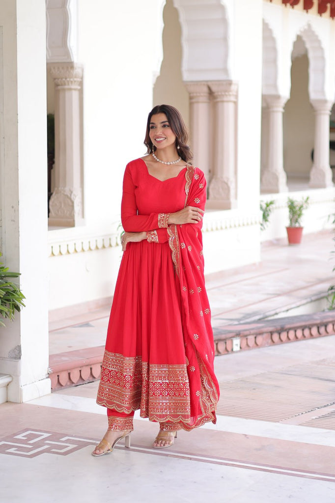 Red Vichitra Silk Embroidered Gown Set with Sequins Work, Dupatta & Bottom – Full Sleeves, Fancy V-Neck, 3-Meter Flair ClothsVilla