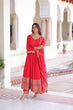 Load image into Gallery viewer, Red Vichitra Silk Embroidered Gown Set with Sequins Work, Dupatta &amp; Bottom – Full Sleeves, Fancy V-Neck, 3-Meter Flair ClothsVilla