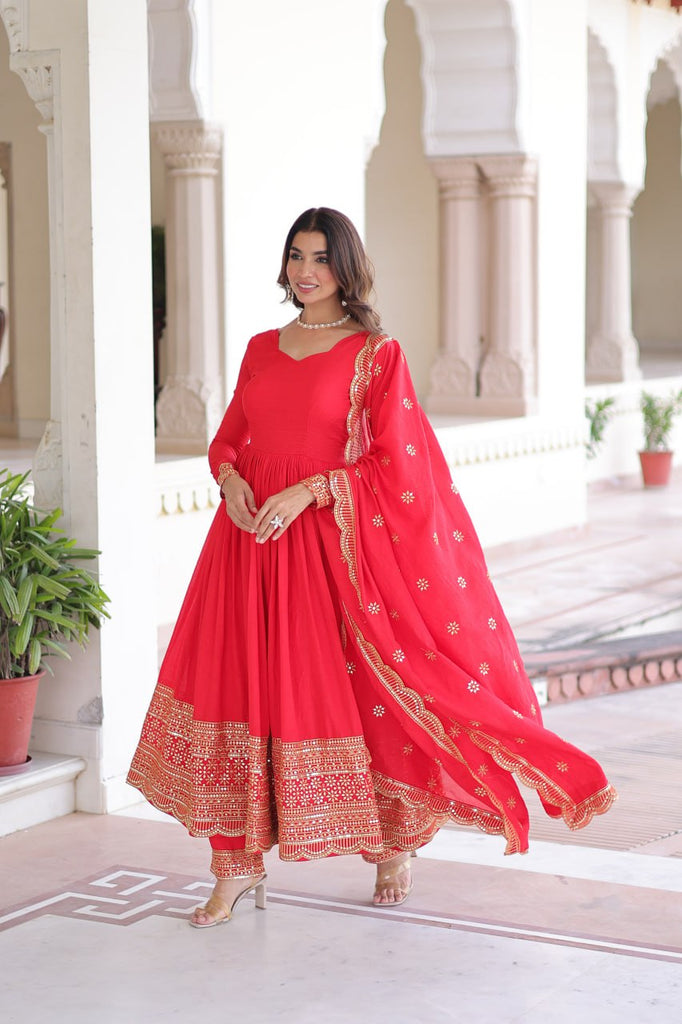 Red Vichitra Silk Embroidered Gown Set with Sequins Work, Dupatta & Bottom – Full Sleeves, Fancy V-Neck, 3-Meter Flair ClothsVilla