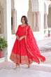 Load image into Gallery viewer, Red Vichitra Silk Embroidered Gown Set with Sequins Work, Dupatta &amp; Bottom – Full Sleeves, Fancy V-Neck, 3-Meter Flair ClothsVilla