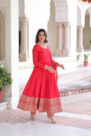 Red Vichitra Silk Embroidered Gown Set with Sequins Work, Dupatta & Bottom – Full Sleeves, Fancy V-Neck, 3-Meter Flair ClothsVilla