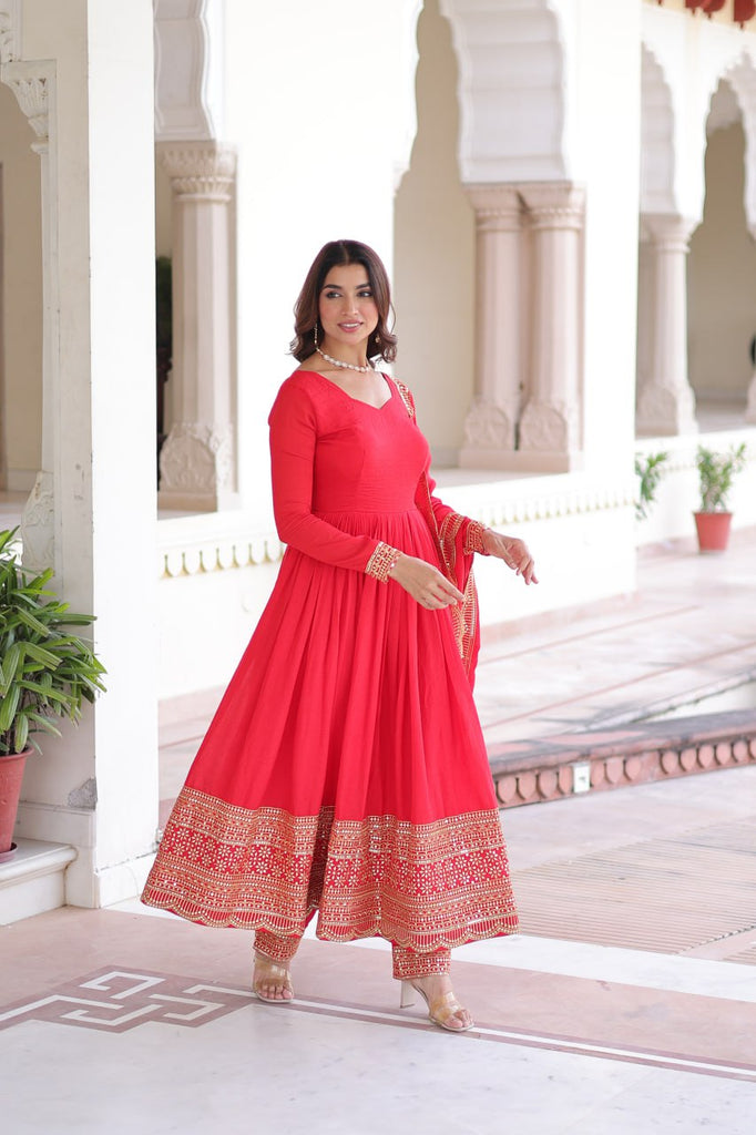 Red Vichitra Silk Embroidered Gown Set with Sequins Work, Dupatta & Bottom – Full Sleeves, Fancy V-Neck, 3-Meter Flair ClothsVilla