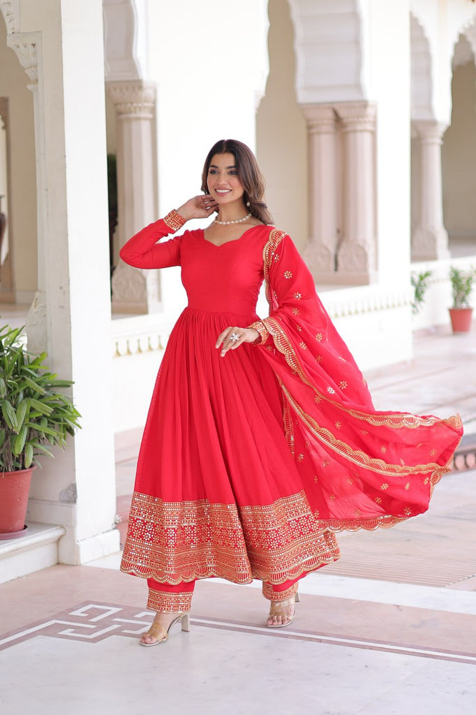 Red Vichitra Silk Embroidered Gown Set with Sequins Work, Dupatta & Bottom – Full Sleeves, Fancy V-Neck, 3-Meter Flair ClothsVilla