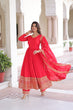Load image into Gallery viewer, Red Vichitra Silk Embroidered Gown Set with Sequins Work, Dupatta &amp; Bottom – Full Sleeves, Fancy V-Neck, 3-Meter Flair ClothsVilla