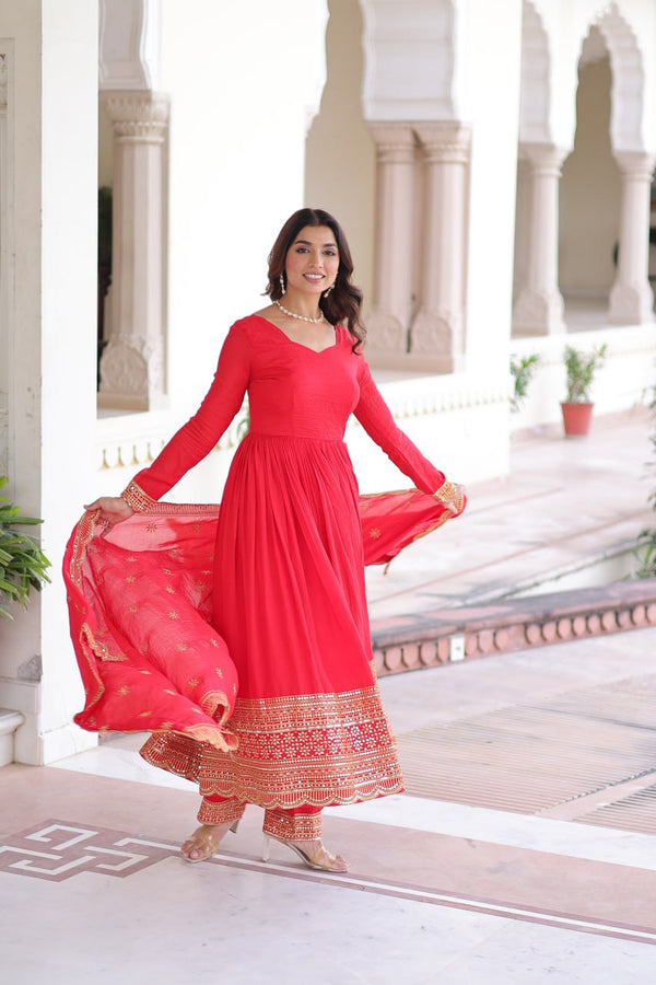 Red Vichitra Silk Embroidered Gown Set with Sequins Work, Dupatta & Bottom – Full Sleeves, Fancy V-Neck, 3-Meter Flair ClothsVilla