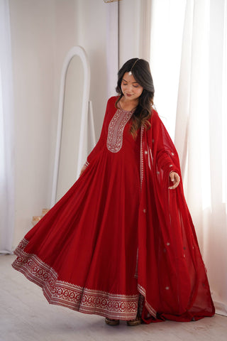 Red Vichitra Silk Kali Anarkali Gown ClothsVilla