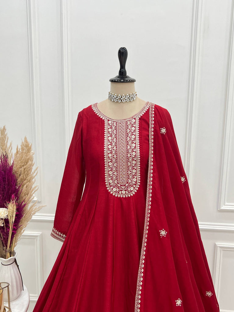 Red Vichitra Silk Kali Anarkali Gown ClothsVilla