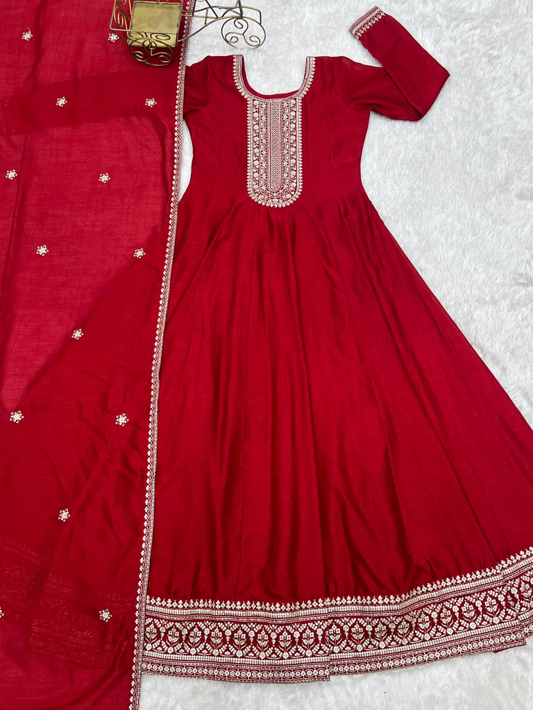 Red Vichitra Silk Kali Anarkali Gown ClothsVilla