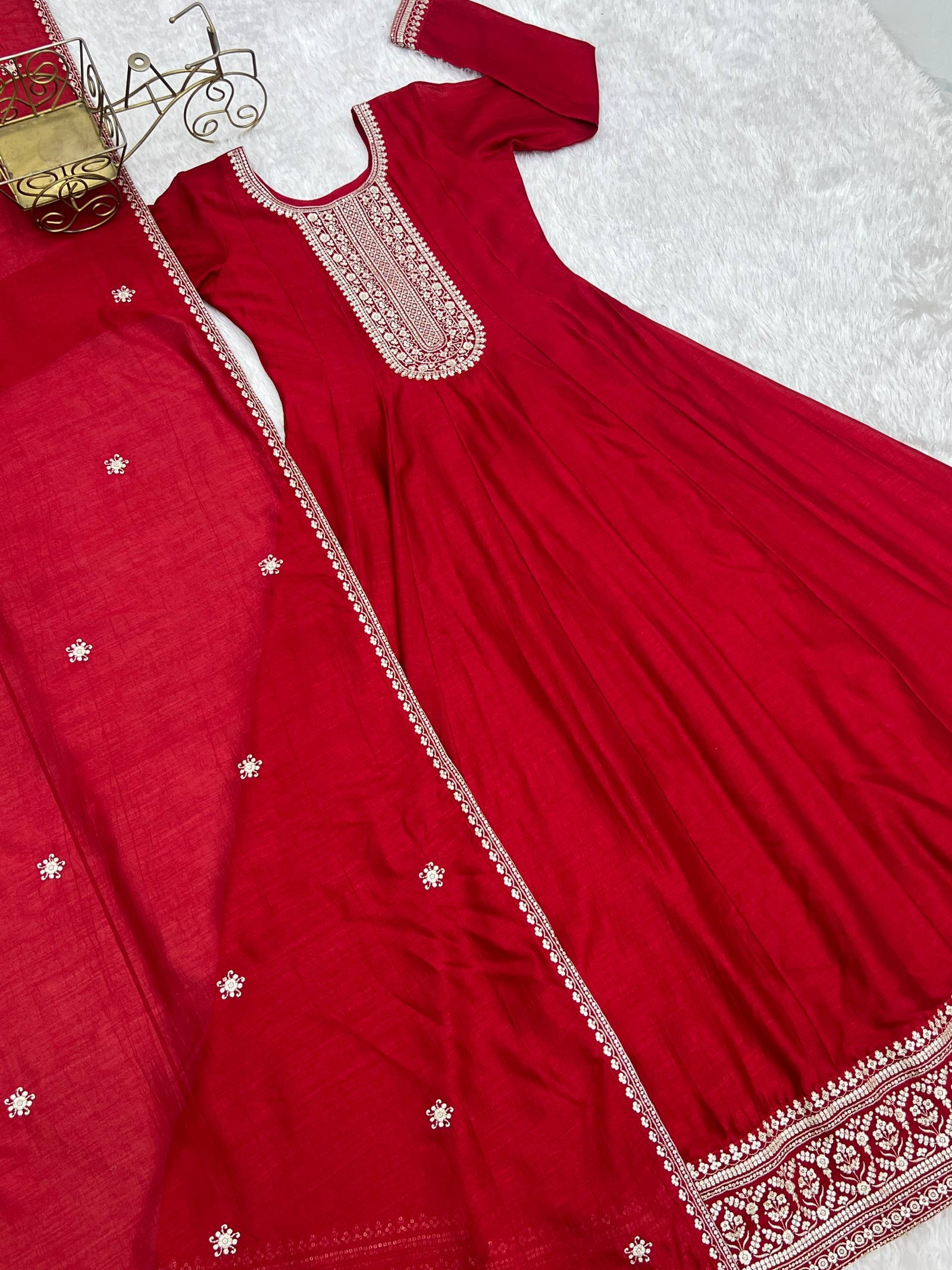 Red Vichitra Silk Kali Anarkali Gown ClothsVilla