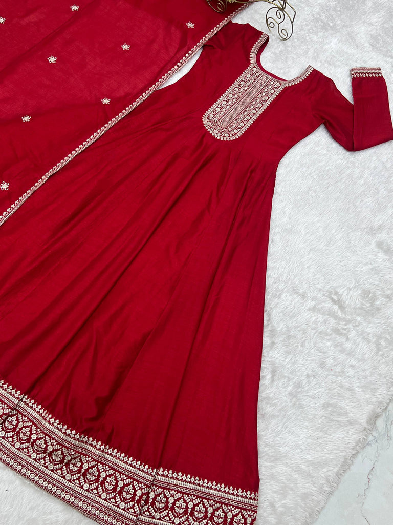 Red Vichitra Silk Kali Anarkali Gown ClothsVilla