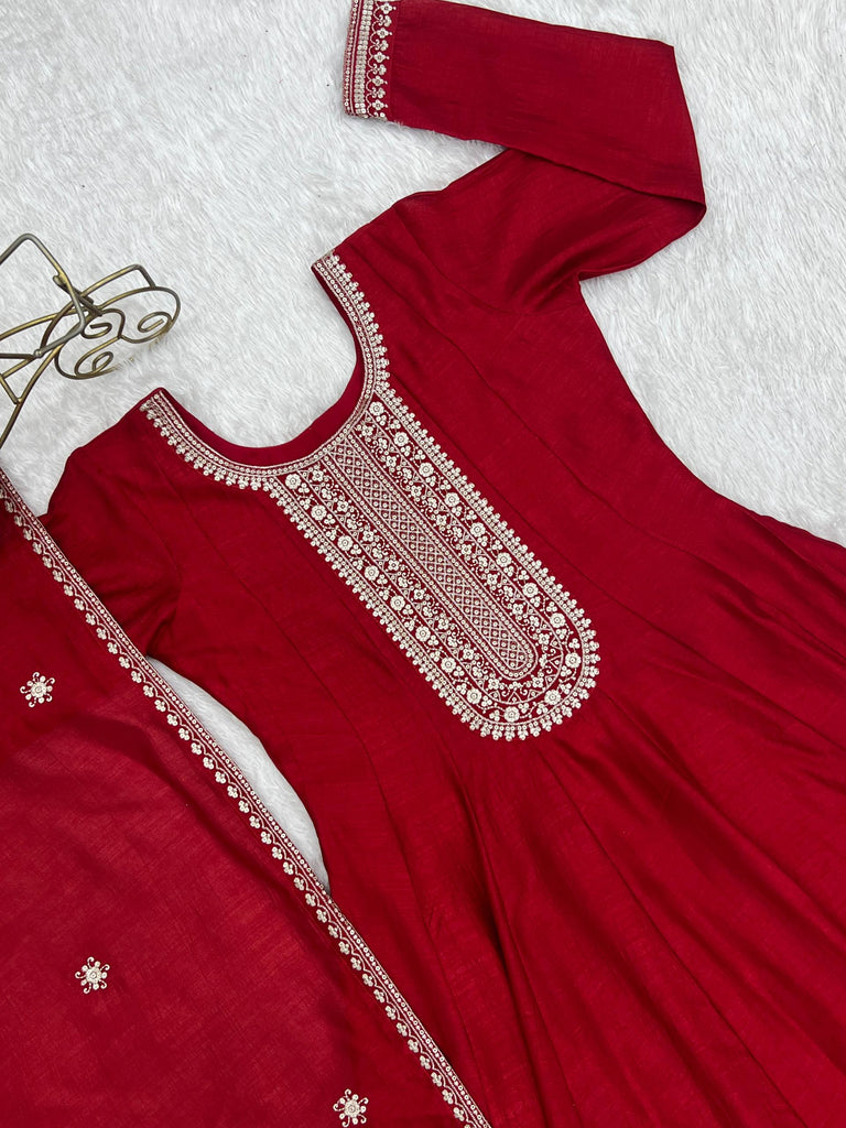 Red Vichitra Silk Kali Anarkali Gown ClothsVilla