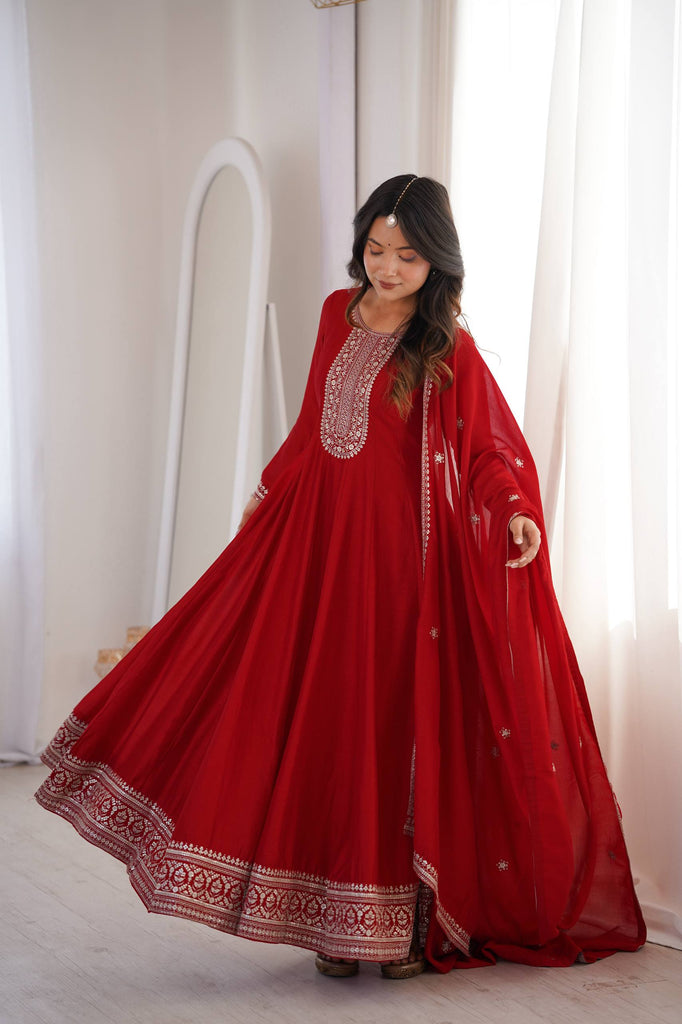 Red Vichitra Silk Kali Anarkali Gown ClothsVilla