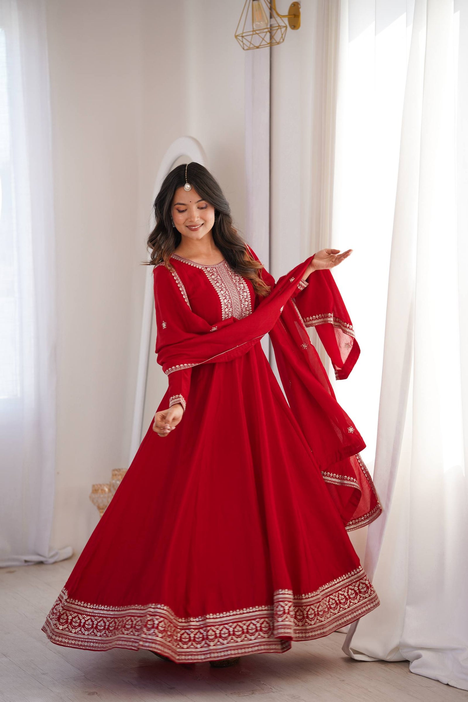 Red Vichitra Silk Kali Anarkali Gown ClothsVilla
