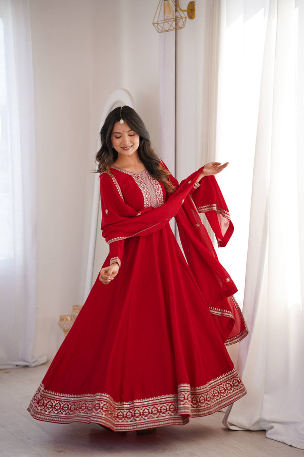 Red Vichitra Silk Kali Anarkali Gown ClothsVilla