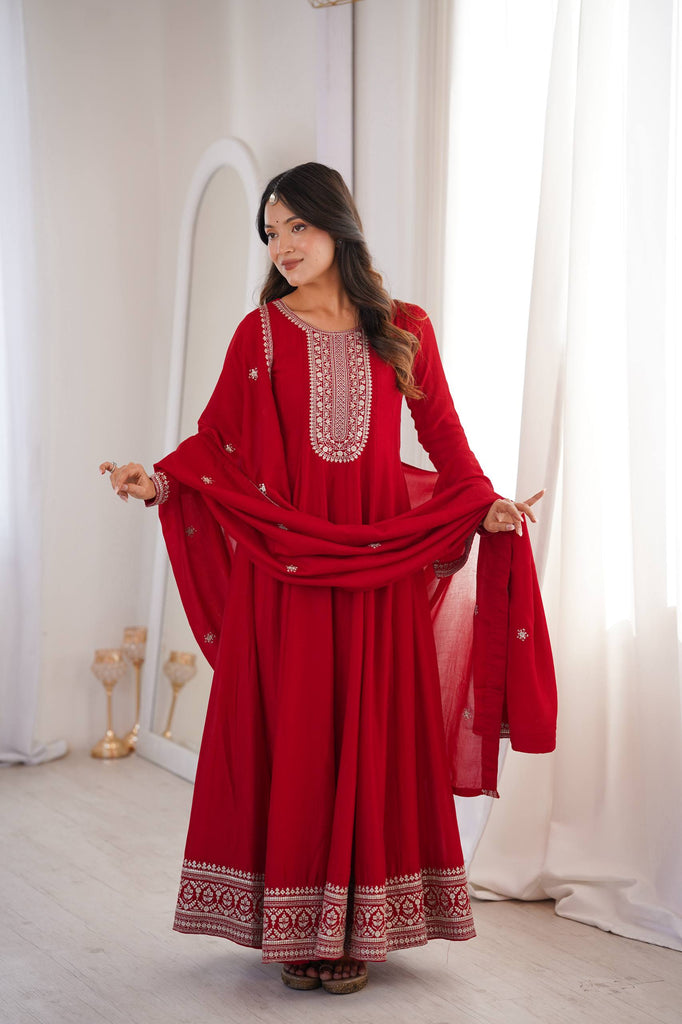 Red Vichitra Silk Kali Anarkali Gown ClothsVilla